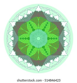 Hand drawn mandala doodle pattern in cartoon style. Fantastic panorama of mountains with snow on tops, clouds, trees, lake.