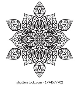 Hand Drawn Mandala Element. Black and White Shape for Coloring. Oriental Outline.