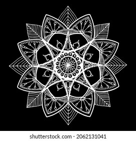 a hand - drawn mandala . Ethnic decorative elements. floral outline round stylized symmetrical pattern with white line on black background for decoration. isolated element for your design template