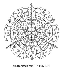 Hand drawn mandala with ethnic floral doodle pattern. Coloring page.