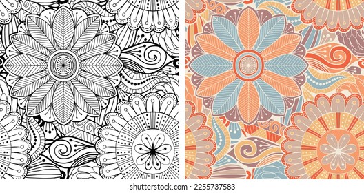 Hand Drawn Mandala and Floral decorative elements, Coloured and Black and White Vector Seamless pattern For fabrics, clothing, decoration, home decor, cards and templates, wrapping paper, kids prints.