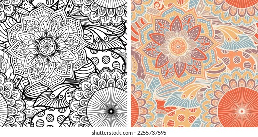 Hand Drawn Mandala and Floral decorative elements, Coloured and Black and White Vector Seamless pattern For fabrics, clothing, decoration, home decor, cards and templates, wrapping paper, kids prints.