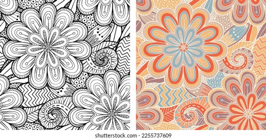 Hand Drawn Mandala and Floral decorative elements, Coloured and Black and White Vector Seamless pattern For fabrics, clothing, decoration, home decor, cards and templates, wrapping paper, kids prints.