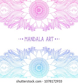 Hand Drawn Mandala And Flower Pattern. Ethnic Oriental Boho Design, Pink And Blue Decorative Border For Invitation, Poster, Greeting Card. Vector Art.