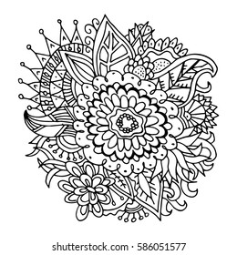 Hand drawn mandala with flowers and decorative leafs.
Isolated on white background 