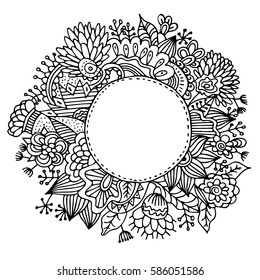 Hand drawn mandala with flowers and decorative leafs.
Isolated on white background 