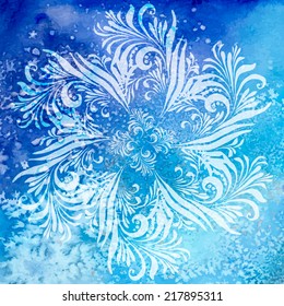 Hand drawn mandala on blue watercolor background with doodle floral ornament