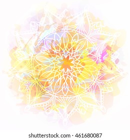 Hand drawn Mandala on watercolor background. Indian festival. Oriental pattern, ethnic background, bohemian ornament decor for invitation, greeting card, yoga and textiles. Vector Illustration