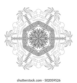 Hand drawn mandala pattern. Adult coloring book. Panorama of beach, sea, palms, clouds, sun, grass. Tropical island with sand, trees and ocean