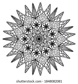 Hand drawn mandala pattern for coloring book with winter snowflake, black outline, vector illustration