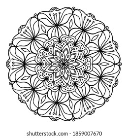 Hand drawn mandala pattern with flower elements for coloring book, anti stress therapy pattern, black outline, vector