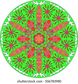 Hand drawn mandala pattern. Panorama of sun, clouds and flowers in green, white, orange and red colors
