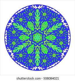 Hand drawn mandala pattern. Panorama of sun clouds and flowers in blue and green colors