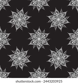 Dibujado a mano mandala patrón sin fisuras. árabe, indio, turco y otomano estilo de decoración de la cultura. Adorno étnico sobre fondo negro. Plantilla vintage mágica para impresión, tela, tatuaje. doodle vector