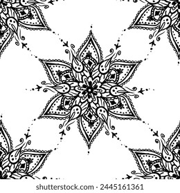 Hand drawn mandala seamless pattern. Arabic, indian, turkish and ottoman culture decoration style. Ethnic ornament on white background. Magic vintage template for print, fabric, tattoo. doodle vector