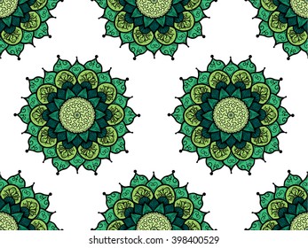 Hand drawn Mandala Seamless Pattern. Arabic, indian, turkish and ottoman culture decoration style. Ethnic ornamental background. Magic vintage template of greeting, card, print, cloth, tattoo. Vector