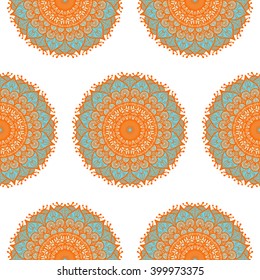 Hand drawn Mandala Seamless Pattern. Arabic, indian, turkish and ottoman culture decoration style. Ethnic ornamental background. Magic vintage template of greeting, card, print, cloth, tattoo. Vector