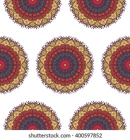 Hand drawn Mandala Seamless Pattern. Arabic, indian, turkish and ottoman culture decoration style. Ethnic ornamental background. Magic vintage template of greeting, card, print, cloth, tattoo. Vector