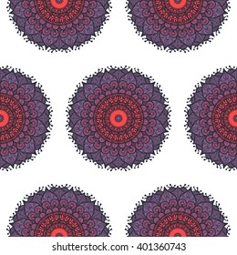 Hand drawn Mandala Seamless Pattern. Arabic, indian, turkish and ottoman culture decoration style. Ethnic ornamental background. Magic vintage template of greeting, card, print, cloth, tattoo. Vector