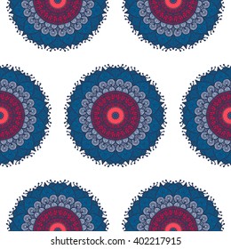 Hand drawn Mandala Seamless Pattern. Arabic, indian, turkish and ottoman culture decoration style. Ethnic ornamental background. Magic vintage template of greeting, card, print, cloth, tattoo. Vector