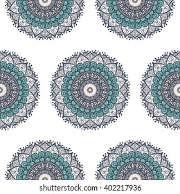 Hand drawn Mandala Seamless Pattern. Arabic, indian, turkish and ottoman culture decoration style. Ethnic ornamental background. Magic vintage template of greeting, card, print, cloth, tattoo. Vector