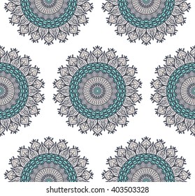 Hand drawn Mandala Seamless Pattern. Arabic, indian, turkish and ottoman culture decoration style. Ethnic ornamental background. Magic vintage template of greeting, card, print, cloth, tattoo. Vector