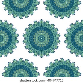 Hand drawn Mandala Seamless Pattern. Arabic, indian, turkish and ottoman culture decoration style. Ethnic ornamental background. Magic vintage template of greeting, card, print, cloth, tattoo. Vector