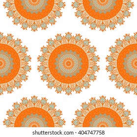 Hand drawn Mandala Seamless Pattern. Arabic, indian, turkish and ottoman culture decoration style. Ethnic ornamental background. Magic vintage template of greeting, card, print, cloth, tattoo. Vector