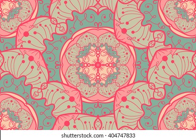 Hand drawn Mandala Seamless Pattern. Arabic, indian, turkish and ottoman culture decoration style. Ethnic ornamental background. Magic vintage template of greeting, card, print, cloth, tattoo. Vector