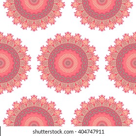 Hand drawn Mandala Seamless Pattern. Arabic, indian, turkish and ottoman culture decoration style. Ethnic ornamental background. Magic vintage template of greeting, card, print, cloth, tattoo. Vector