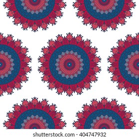 Hand drawn Mandala Seamless Pattern. Arabic, indian, turkish and ottoman culture decoration style. Ethnic ornamental background. Magic vintage template of greeting, card, print, cloth, tattoo. Vector