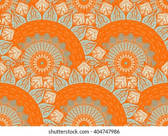 Hand drawn Mandala Seamless Pattern. Arabic, indian, turkish and ottoman culture decoration style. Ethnic ornamental background. Magic vintage template of greeting, card, print, cloth, tattoo. Vector