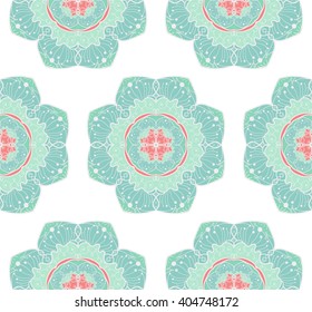 Hand drawn Mandala Seamless Pattern. Arabic, indian, turkish and ottoman culture decoration style. Ethnic ornamental background. Magic vintage template of greeting, card, print, cloth, tattoo. Vector