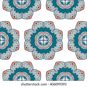 Hand drawn Mandala Seamless Pattern. Arabic, indian, turkish and ottoman culture decoration style. Ethnic ornamental background. Magic vintage template of greeting, card, print, cloth, tattoo. Vector