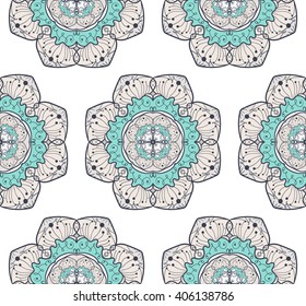 Hand drawn Mandala Seamless Pattern. Arabic, indian, turkish and ottoman culture decoration style. Ethnic ornamental background. Magic vintage template of greeting, card, print, cloth, tattoo. Vector