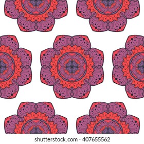 Hand drawn Mandala Seamless Pattern. Arabic, indian, turkish and ottoman culture decoration style. Ethnic ornamental background. Magic vintage template of greeting, card, print, cloth, tattoo. Vector