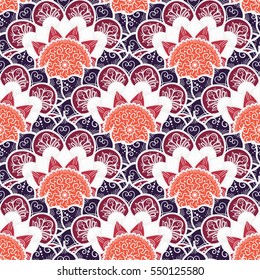 Hand drawn Mandala Seamless Pattern. Arabic, indian, turkish and ottoman culture decoration style. Ethnic ornamental background. Magic vintage template of greeting, card, print, cloth, tattoo. Vector