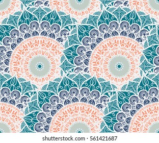 Hand drawn Mandala Seamless Pattern. Arabic, indian, turkish and ottoman culture decoration style. Ethnic ornamental background. Magic vintage template of greeting, card, print, cloth, tattoo. Vector