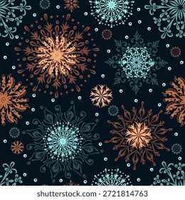 Patrón sin fisuras del copo de nieve del mandala dibujado a mano, fondo étnico de las Navidades del estilo. Ilustración vectorial