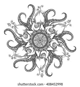 Hand drawn mandala with tentacles.