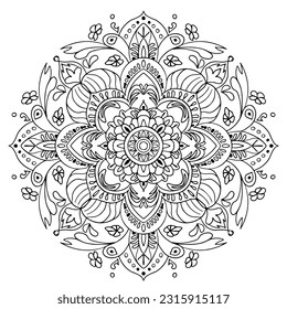 Hand drawn mandala vector illustration, isolated black lineart on white background