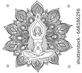 Hand drawn mandala with yoga girl. Ethnic decorative elements. Hand drawn background.