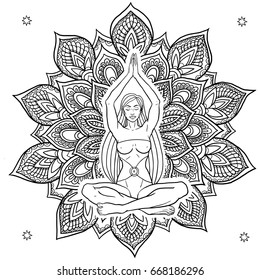 Hand drawn mandala with yoga girl. Ethnic decorative elements. Hand drawn background.