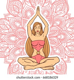 Hand drawn mandala with yoga girl. Ethnic decorative elements. Hand drawn background.