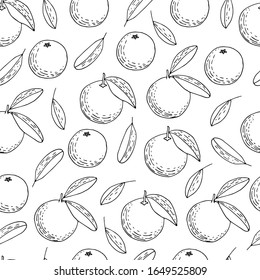Hand drawn mandarins, oranges seamless. Pattern with outline citruses. Fresh fruits on yellow background. 