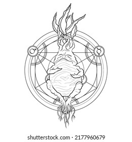 Hand drawn Mandrake with alchemycal circle and symbols. Mystical magic vector illustration on white background. Esoteric, occultism, spirituality. Tatoo. Witchcraft