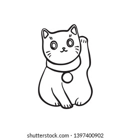 Hand drawn maneki neko cat. Vector black ink drawing isolated on white background. Graphic tattoo illustration.