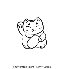 Hand drawn maneki neko cute cat. Vector black ink drawing isolated on white background. Graphic traditional Japan figurine illustration.