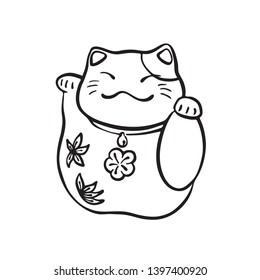 Hand drawn maneki neko funny cat. Vector black ink drawing isolated on white background. Graphic traditional Japanese figurine illustration.