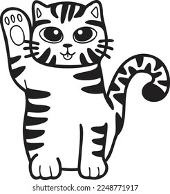 Hand Drawn Maneki Neko or lucky striped cat illustration in doodle style isolated on background